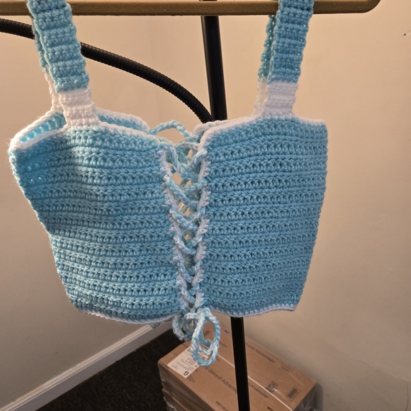 Sky Blue and White Crochet Crop Top - Picture 4 of 11